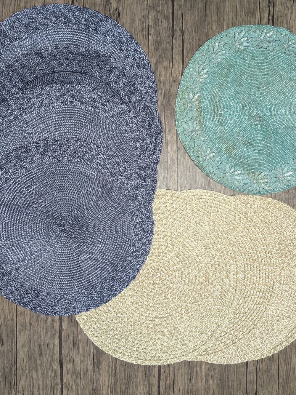 Set Of 9 Round Decorative Placemats Blue Goldish Tan Turquoise Lot